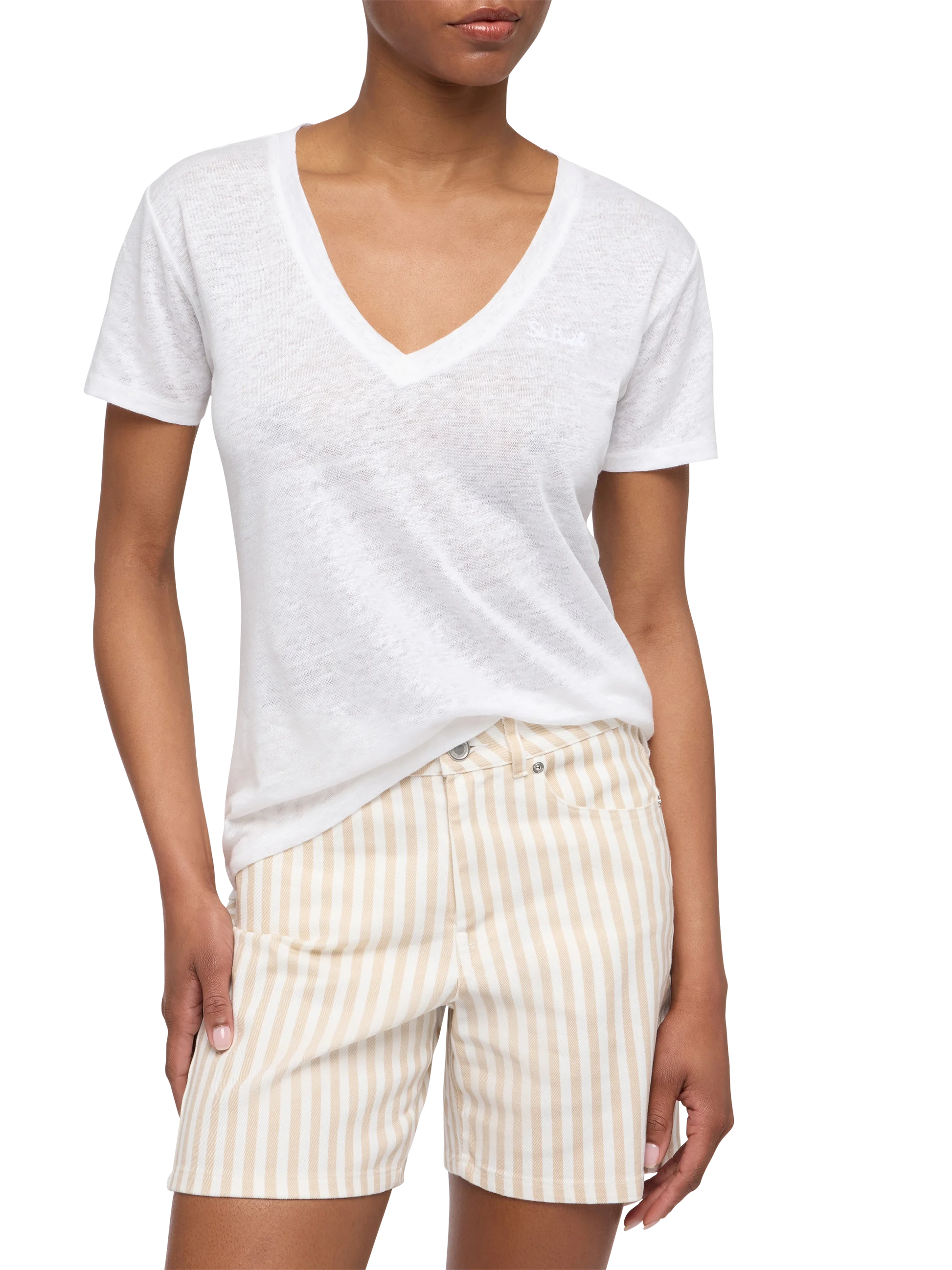 Linen jersey white V-neck t-shirt Eloise - MC2 Saint Barth
