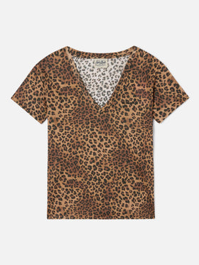Eloise T-Shirt aus Leinen mit Leopardenmuster und Logostickerei 
