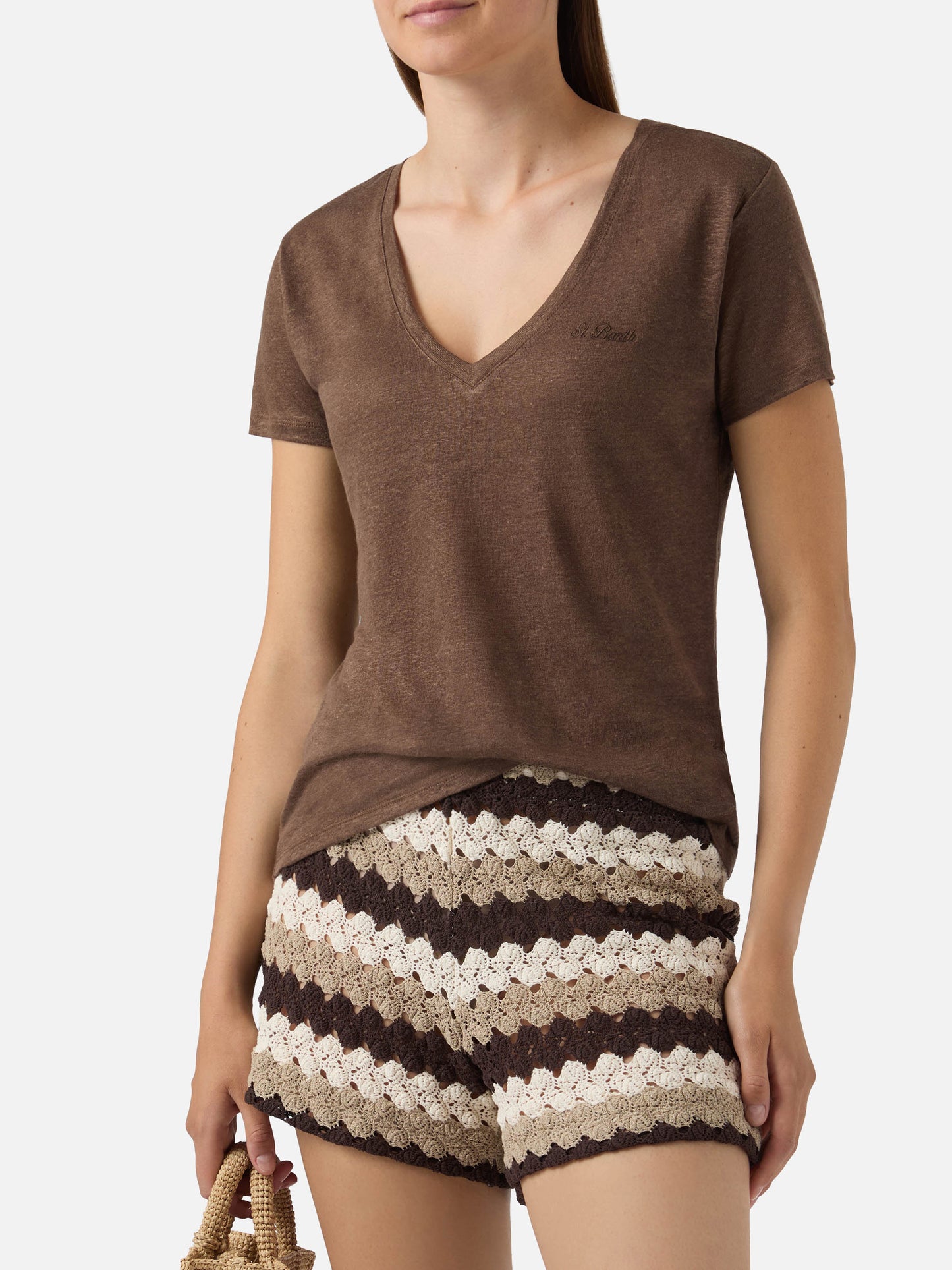 Brown linen Eloise T-shirt with embroidered logo