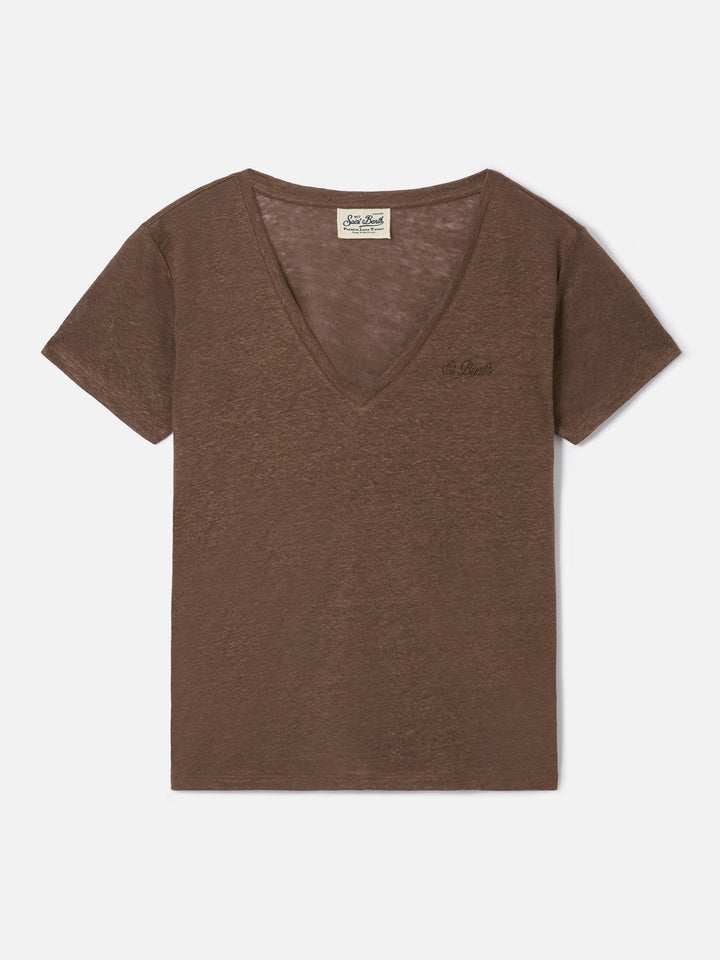 T-shirt Eloise en lin marron avec logo brodé 