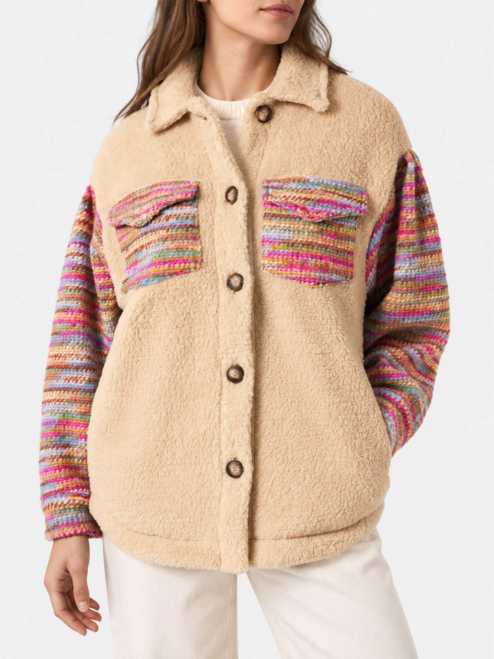 Elys beige sherpa effect jacket with crochet details