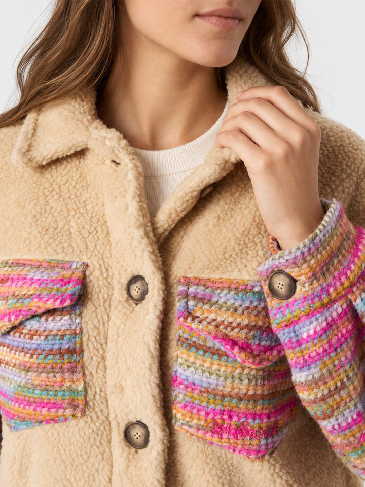 Elys beige sherpa effect jacket with crochet details
