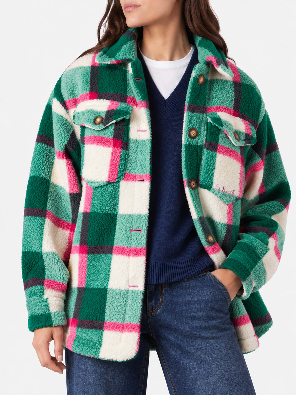Elys Sherpa-Overshirt-Jacke mit Tartanmuster 