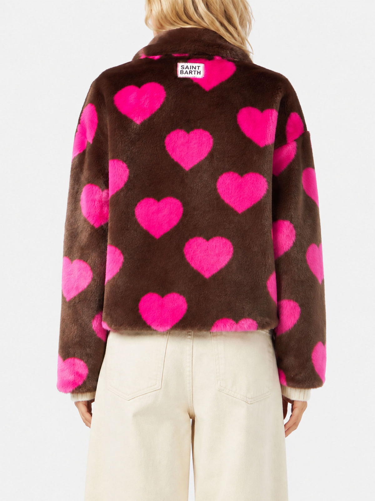 Emelyn kurze Kunstpelzjacke mit Herz-Print 