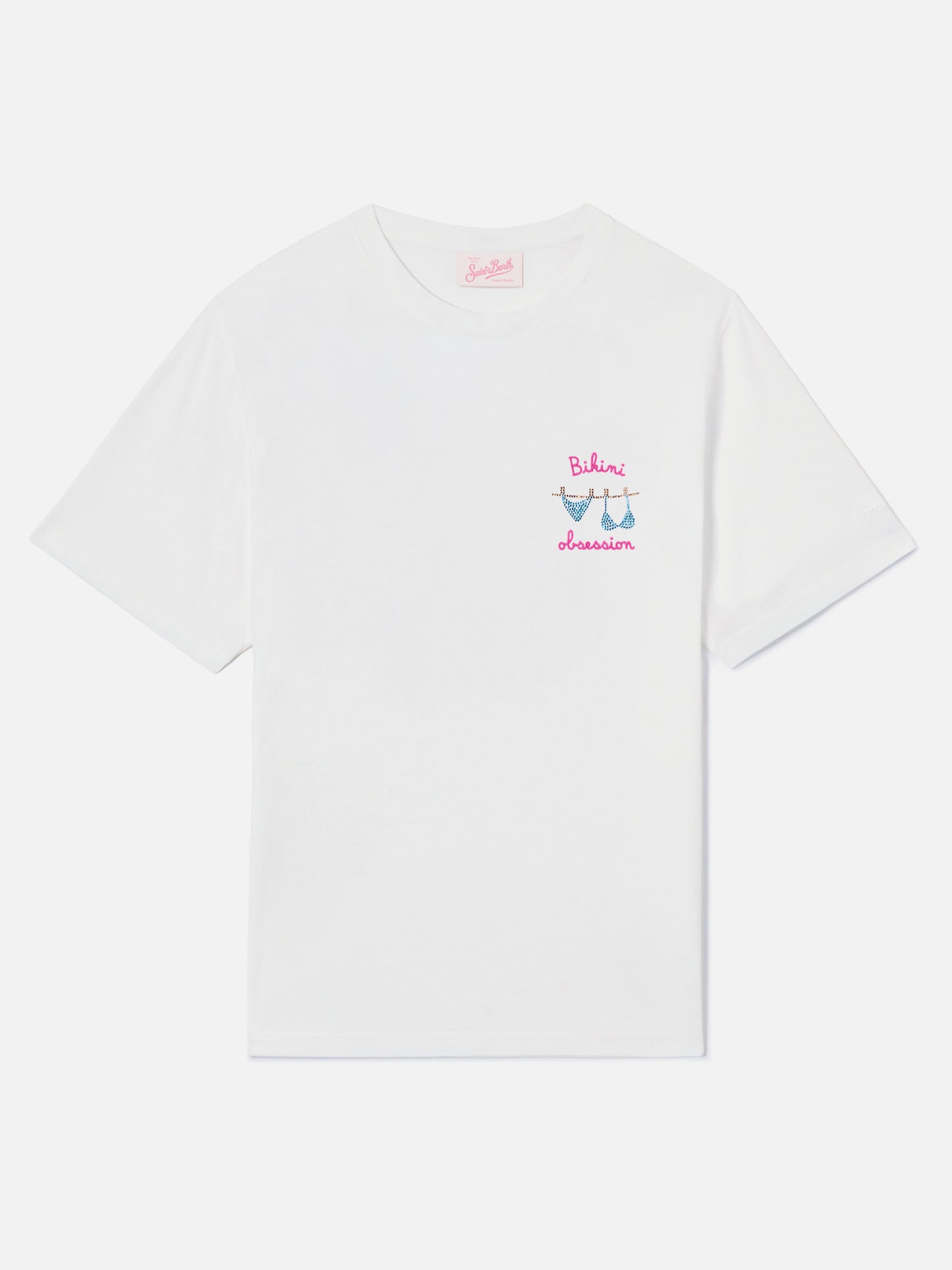 White Emilie T-shirt with Bikini Obsession embroidery and rhinestones