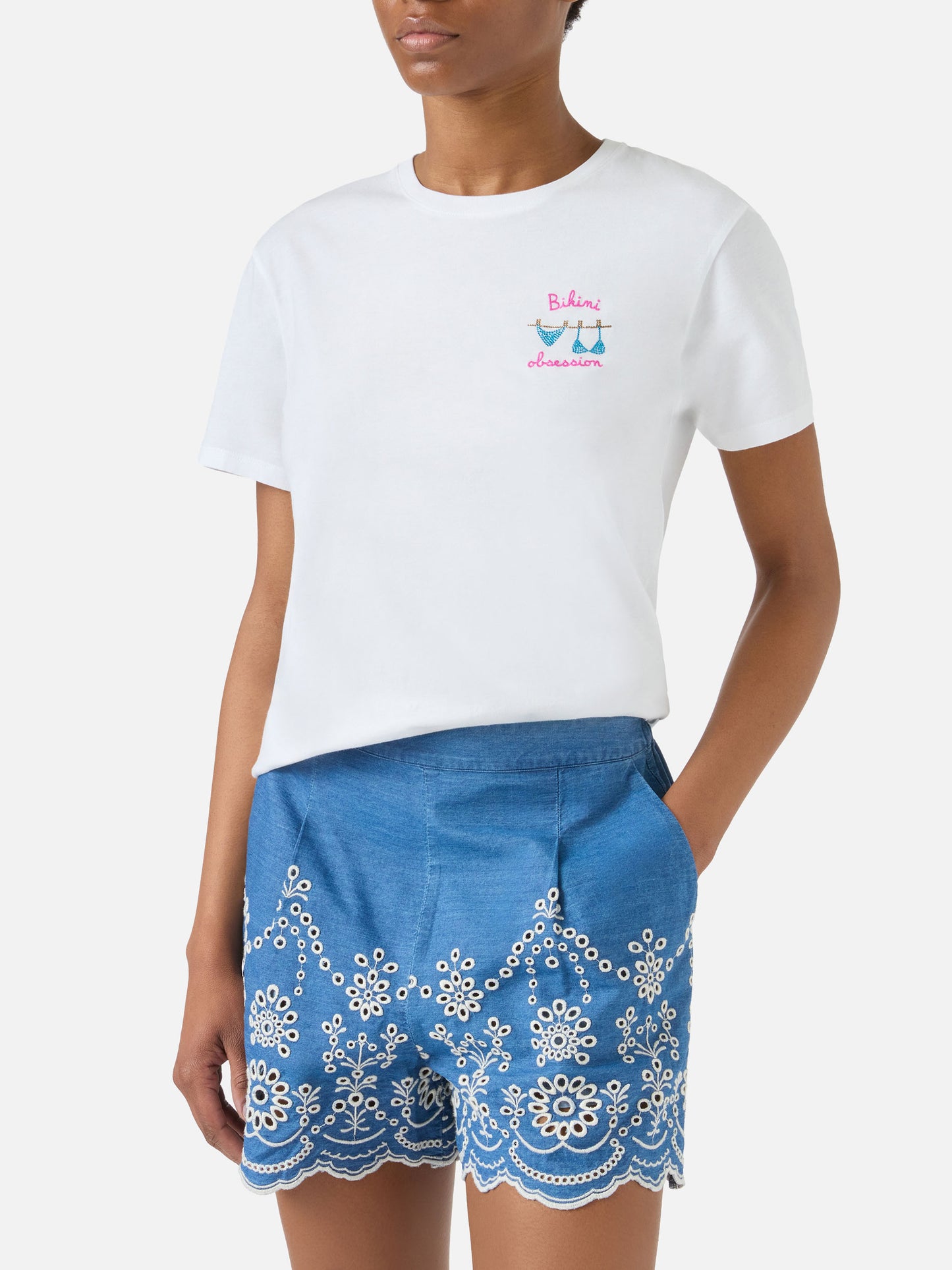 White Emilie T-shirt with Bikini Obsession embroidery and rhinestones