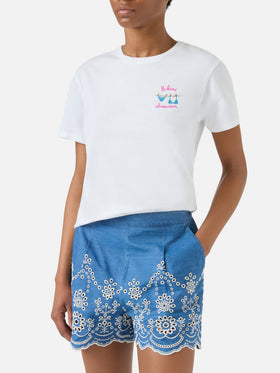 White Emilie T-shirt with Bikini Obsession embroidery and rhinestones