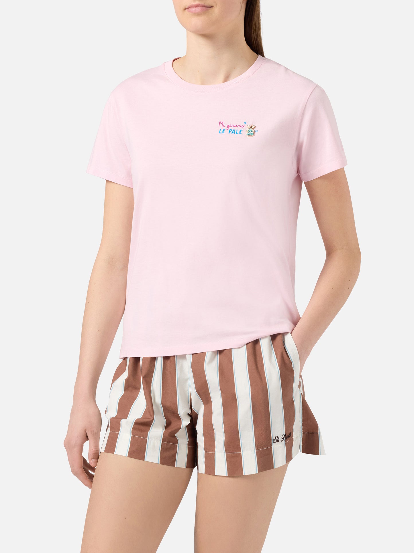 Camiseta Emilie rosa con bordado Mi girano le pale 