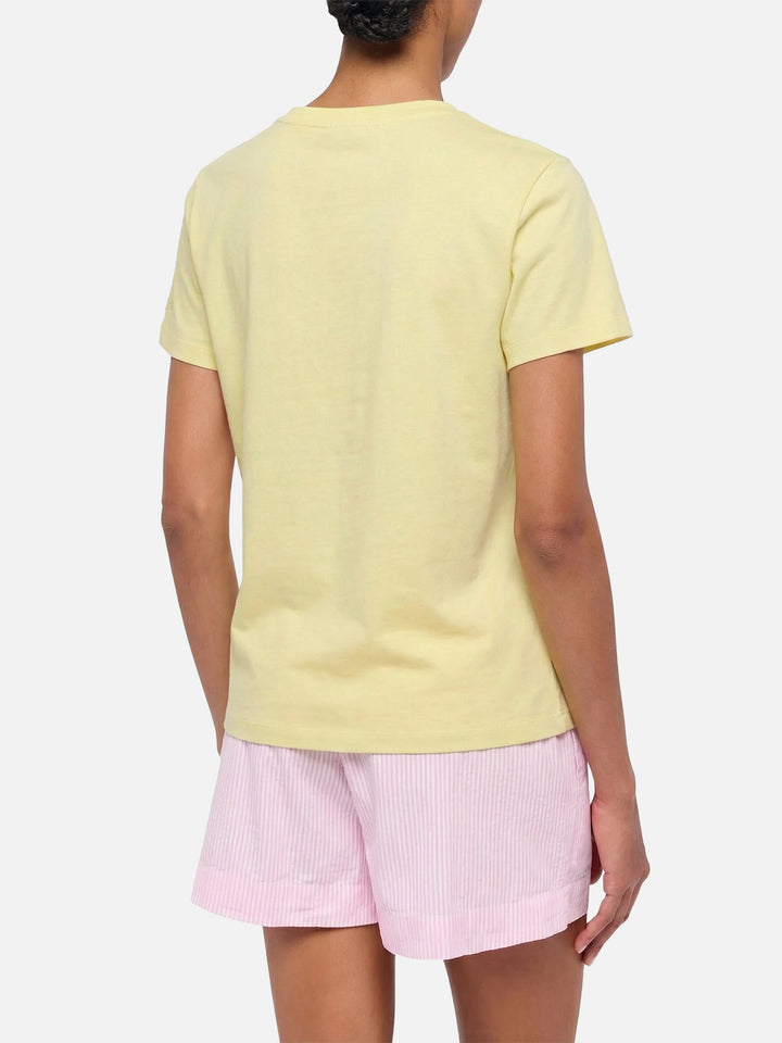 Emilie yellow cotton T-shirt with 50% Sole 50% Amore embroidery