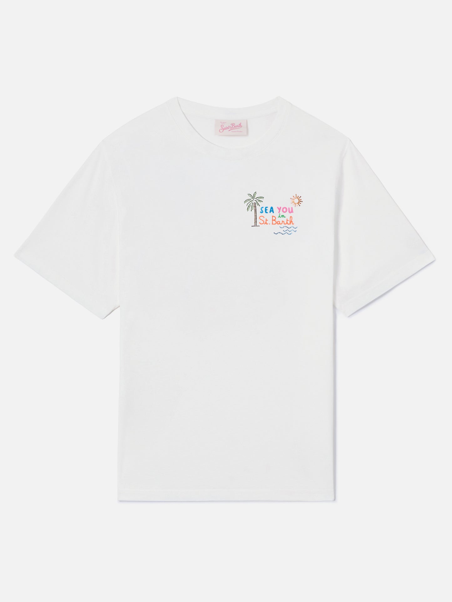 Camiseta Emilie blanca con bordado Sea You in St. Barth y strass 