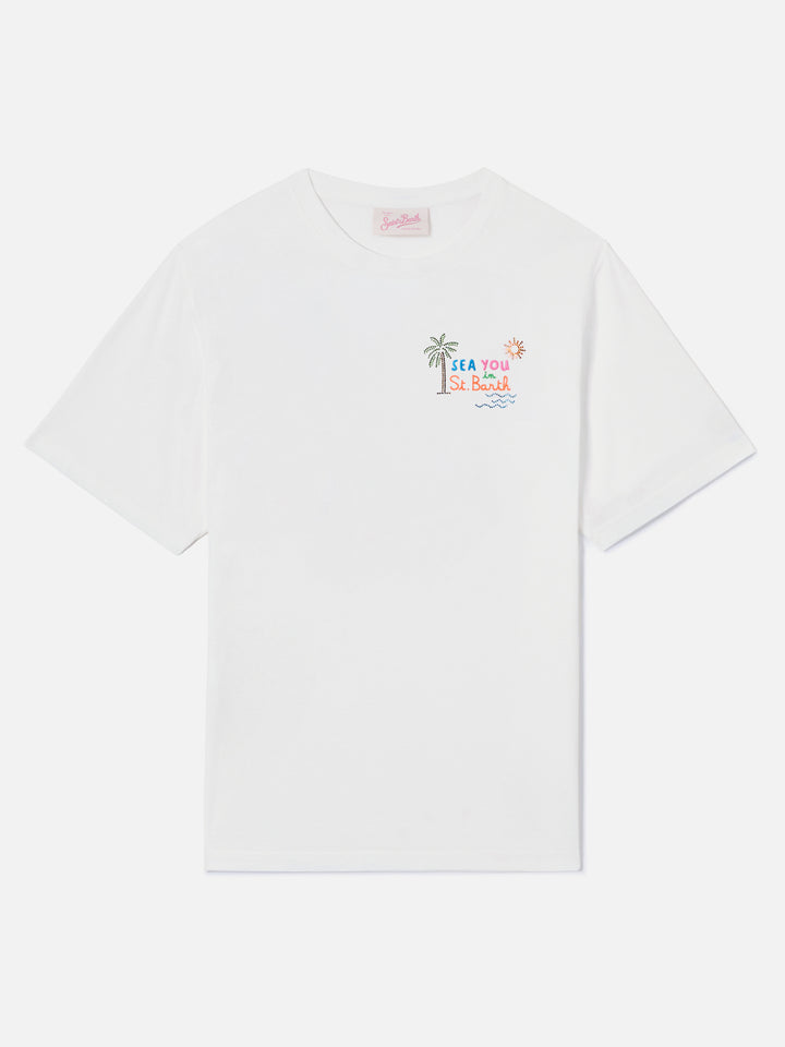White Emilie T-shirt with Sea You in St. Barth embroidery and rhinestones
