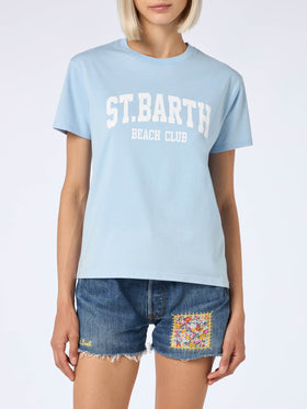 Woman cotton jersey crewneck t-shirt Emilie with St Barth beach club print - MC2 Saint Barth