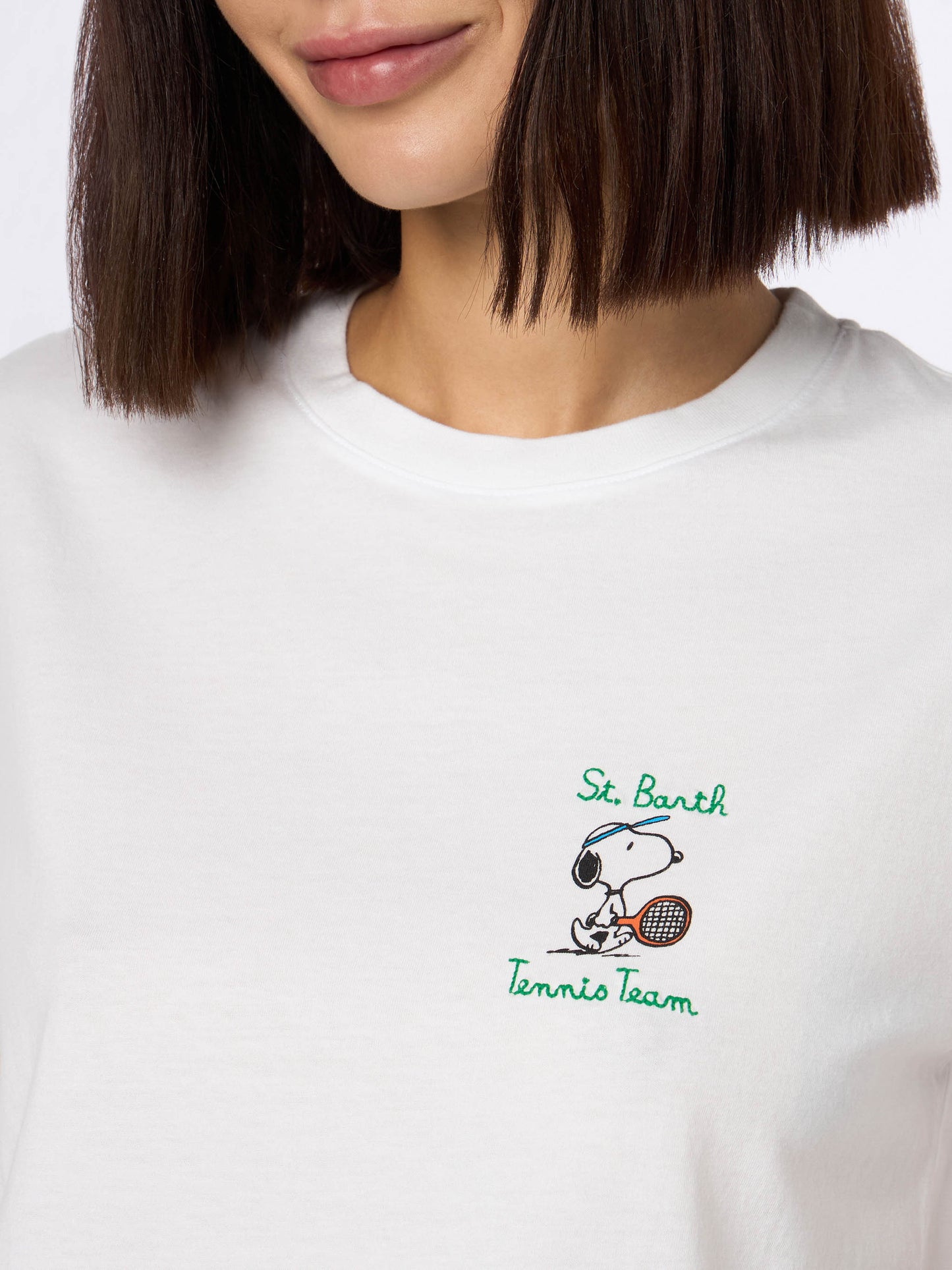 Woman pink cotton jersey crewneck t-shirt Emilie with Snoopy St. Barth Tennis Team embroidery | SNOOPY PEANUTS SPECIAL EDITION - MC2 Saint Barth