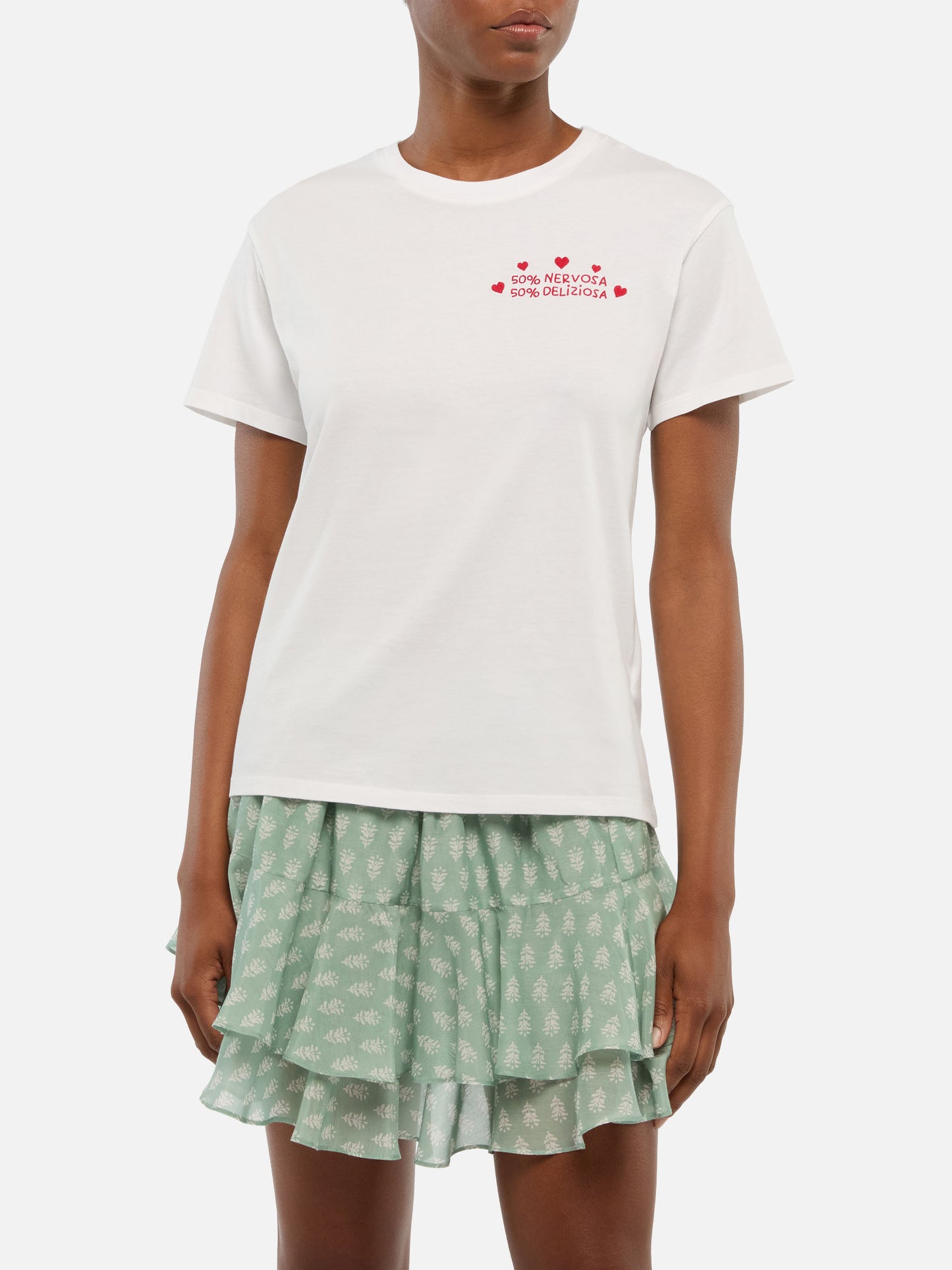 Emilie cotton t-shirt with 50 nervosa 50 deliziosa embroidery