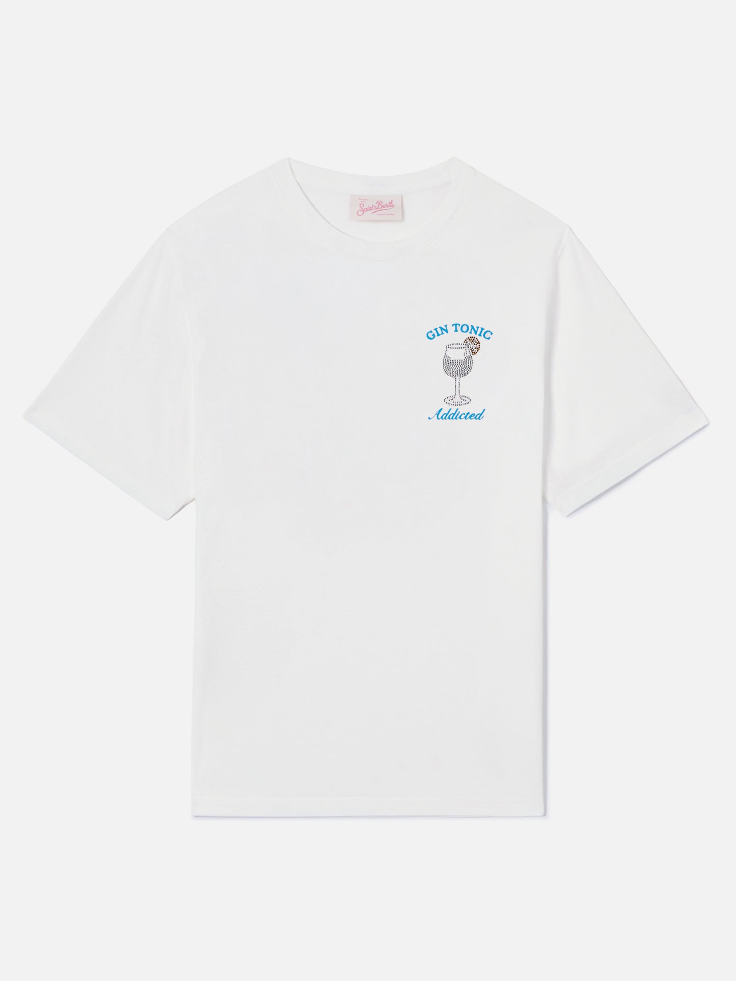 White Emilie T-shirt with Gin Tonic Addicted embroidery and rhinestones