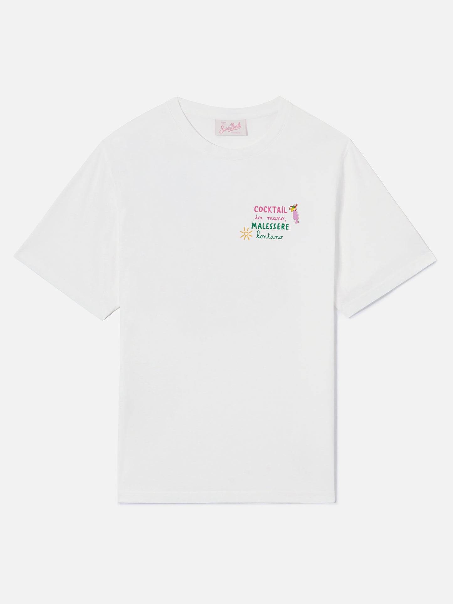White Emilie T-shirt with Cocktail in mano, malessere lontano charm embroidery