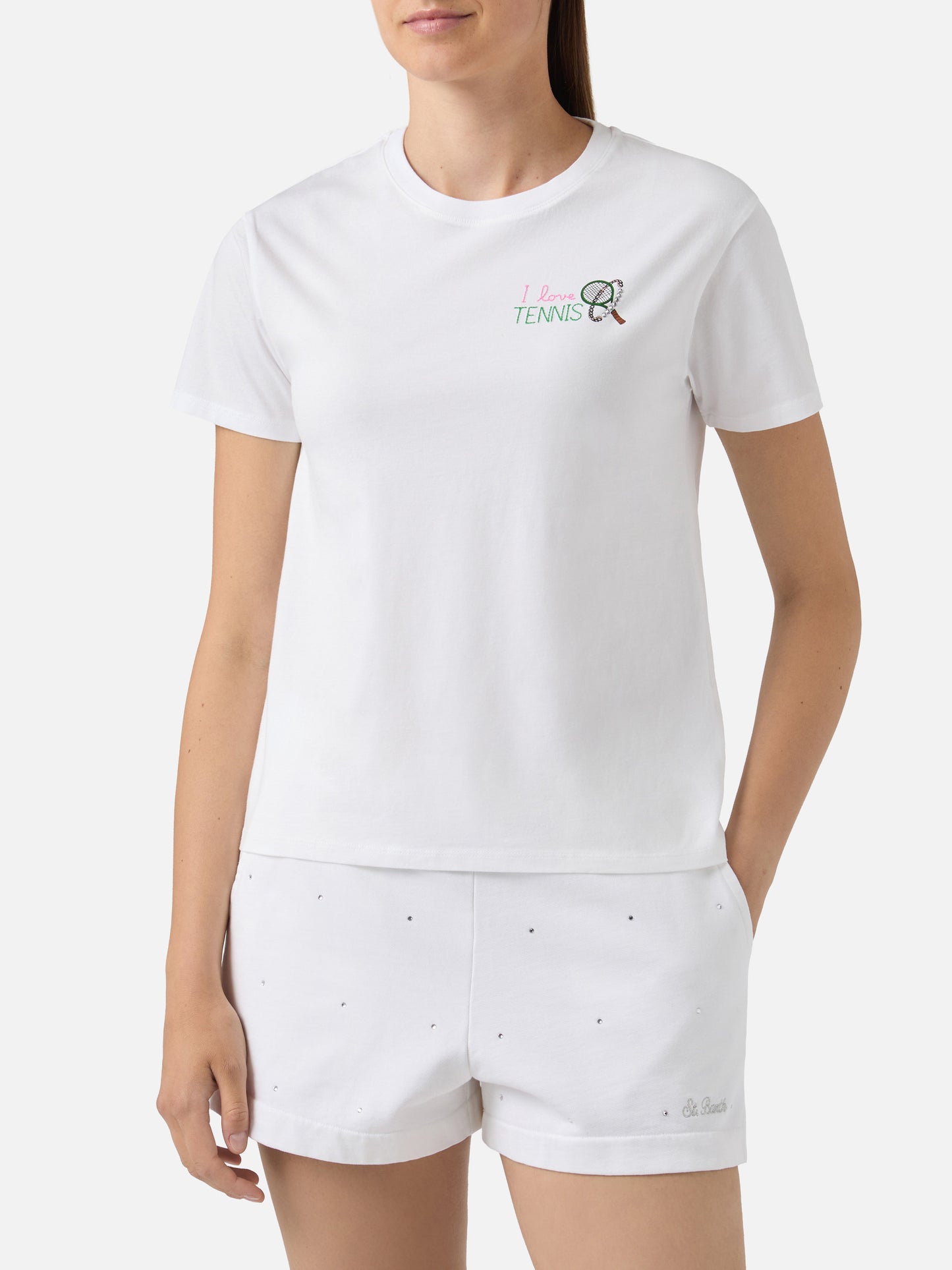 T-shirt Emilie blanc avec broderie I Love Tennis et strass 