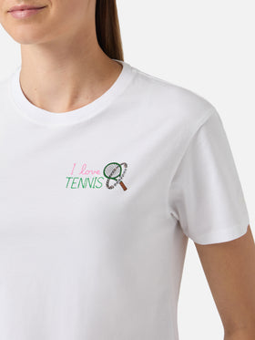 T-shirt Emilie blanc avec broderie I Love Tennis et strass 