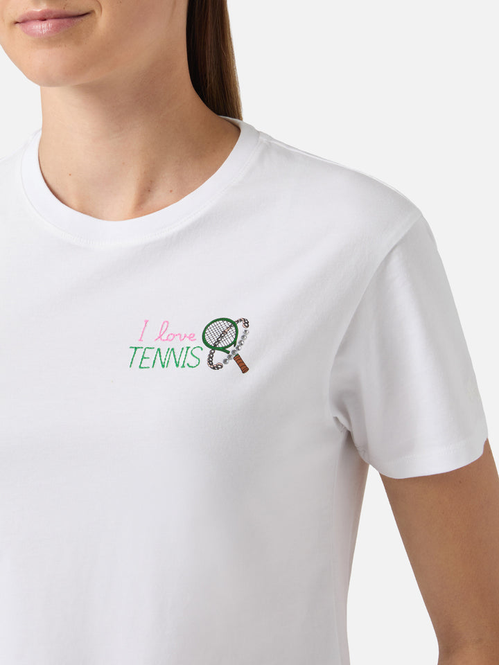 White Emilie T-shirt with I Love Tennis embroidery and rhinestones