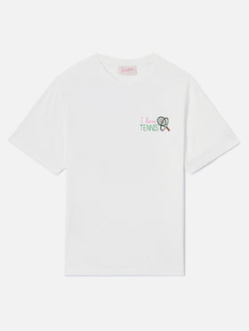 T-shirt Emilie blanc avec broderie I Love Tennis et strass 