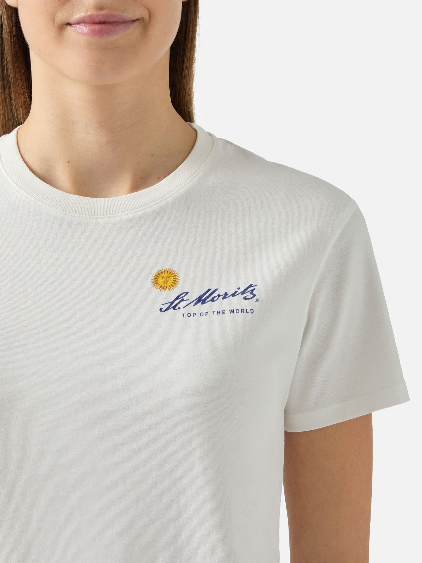 Emilie Baumwoll-T-Shirt in Weiß mit St. Moritz-Print | ST. MORITZ TOP OF THE WORLD SPECIAL EDITION
