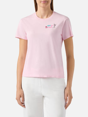 T-shirt Emilie in cotone rosa con ricamo Ski you later