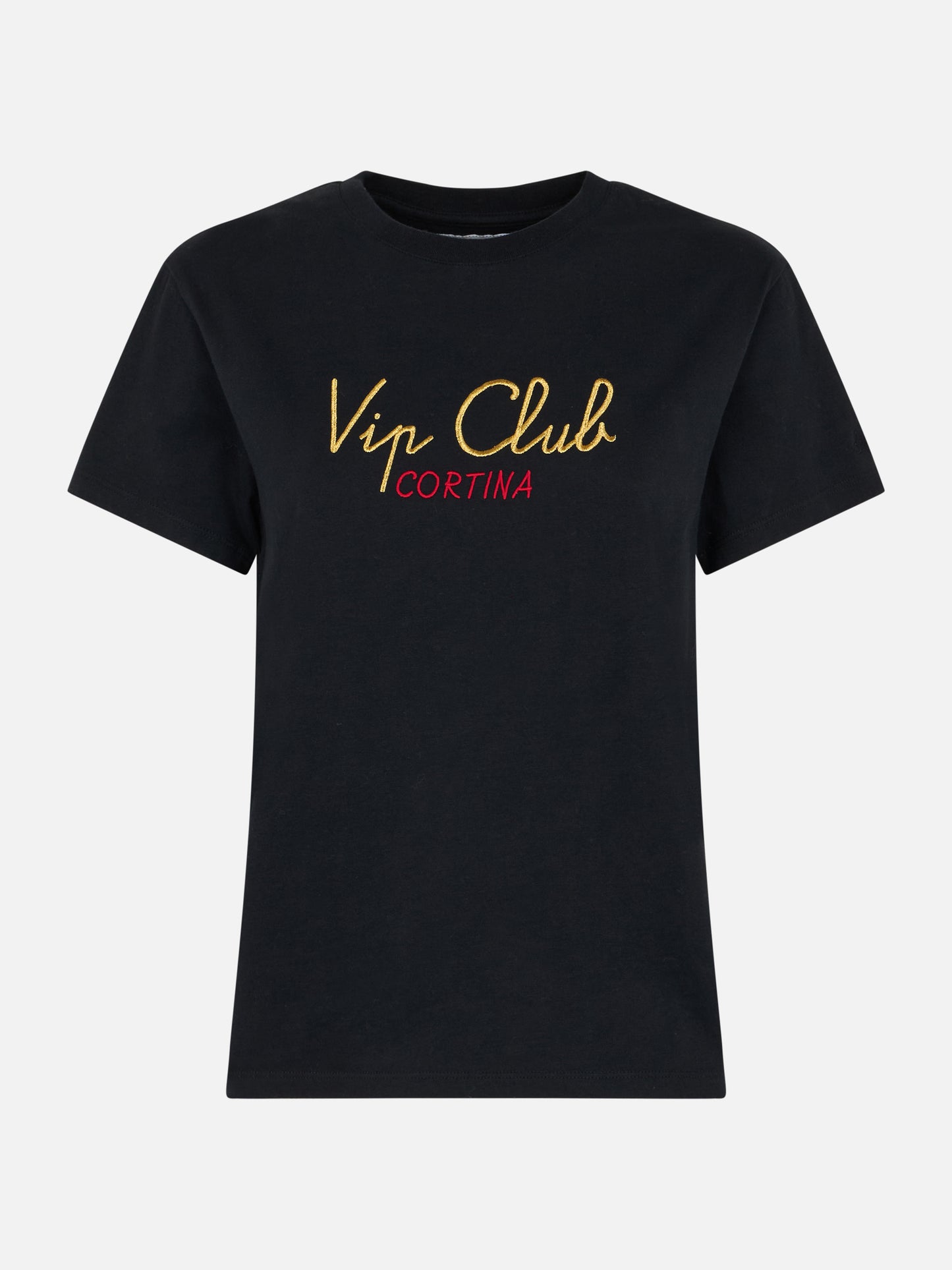 Woman heavy cotton black t-shirt Emilie with Vip Club Cortina embroidery | VIP CLUB CORTINA SPECIAL EDITION - MC2 Saint Barth