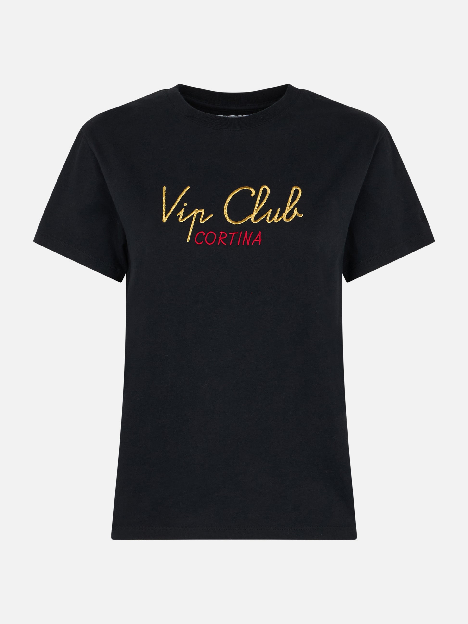 Woman heavy cotton black t-shirt Emilie with Vip Club Cortina embroidery | VIP CLUB CORTINA SPECIAL EDITION - MC2 Saint Barth