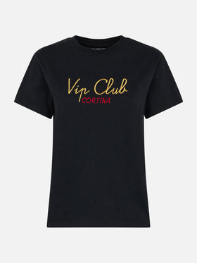 Woman heavy cotton black t-shirt Emilie with Vip Club Cortina embroidery | VIP CLUB CORTINA SPECIAL EDITION - MC2 Saint Barth