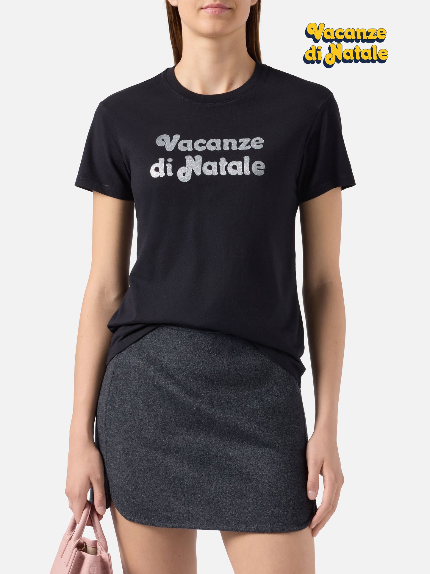 Emilie Baumwoll-T-Shirt in Schwarz mit „Vacanze di Natale“-Glitzerdruck | VACANZE DI NATALE SONDERAUSGABE