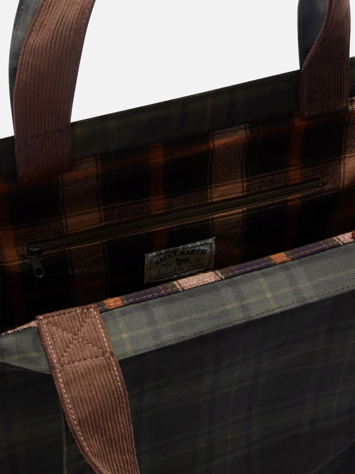 Essential waxed tote bag with tartan pattern