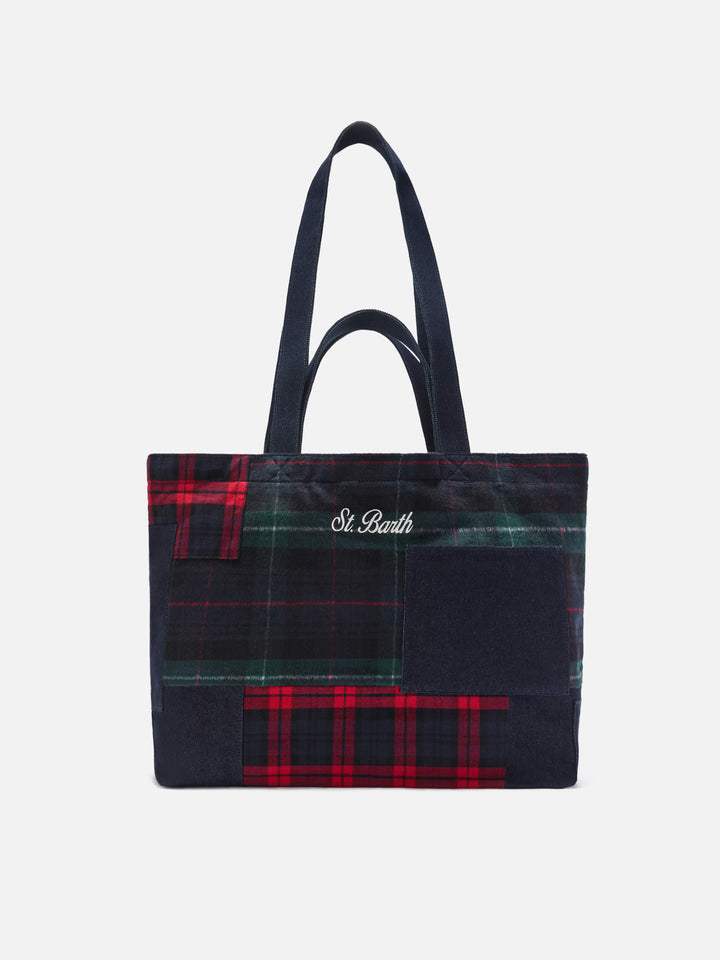 Unverzichtbare tote Tasche aus Patchwork-Denim und Tartan 