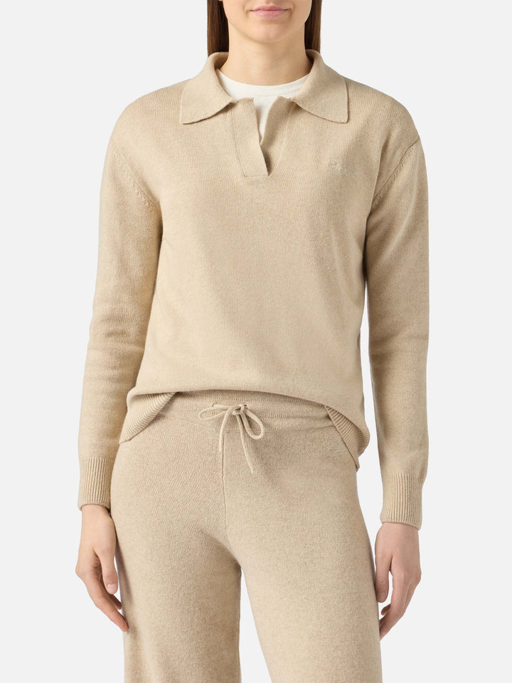 Woman beige cashmere blend sweater Eze with polo collar