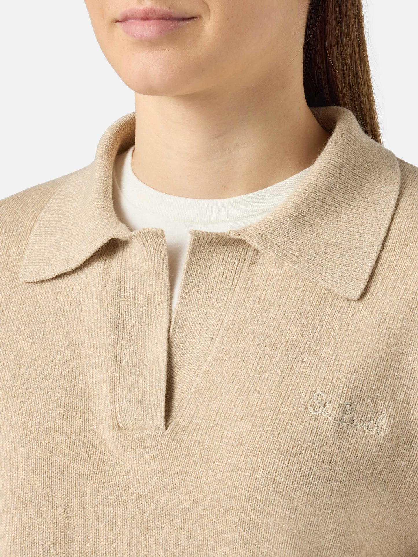 Beigefarbener Damenpullover Eze aus Kaschmirmischung mit Polokragen