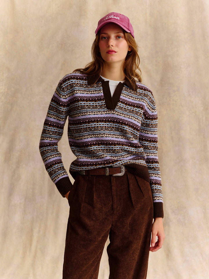 Strickmodell mit Polokragen aus Eze-Wollmischung mit Fair-Isle-Muster 