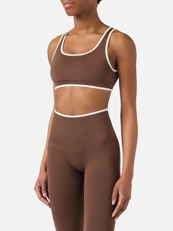Brown technical fabric Fify sports top with contrast trim