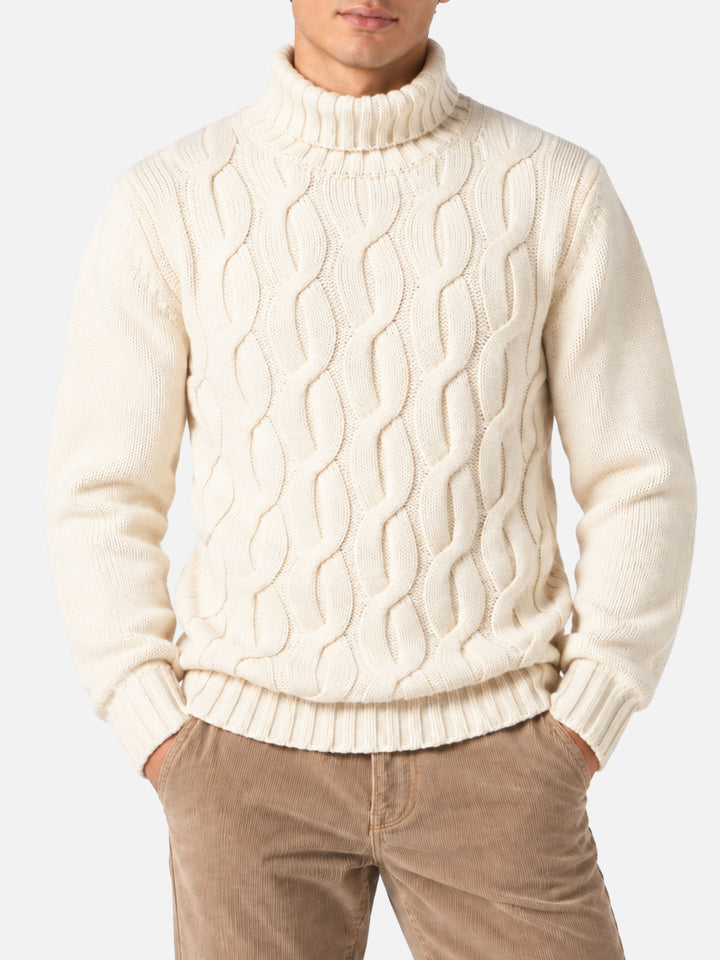 Fisherman-Pullover mit Zopfmuster aus Cashmere-Mix in Off-White 
