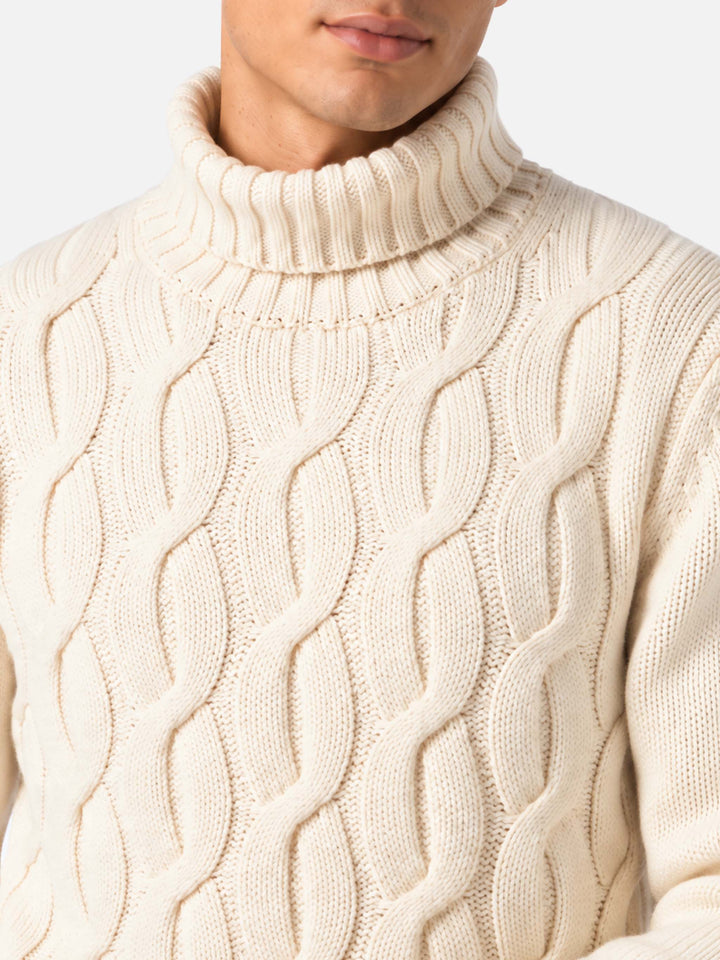 Fisherman-Pullover mit Zopfmuster aus Cashmere-Mix in Off-White 