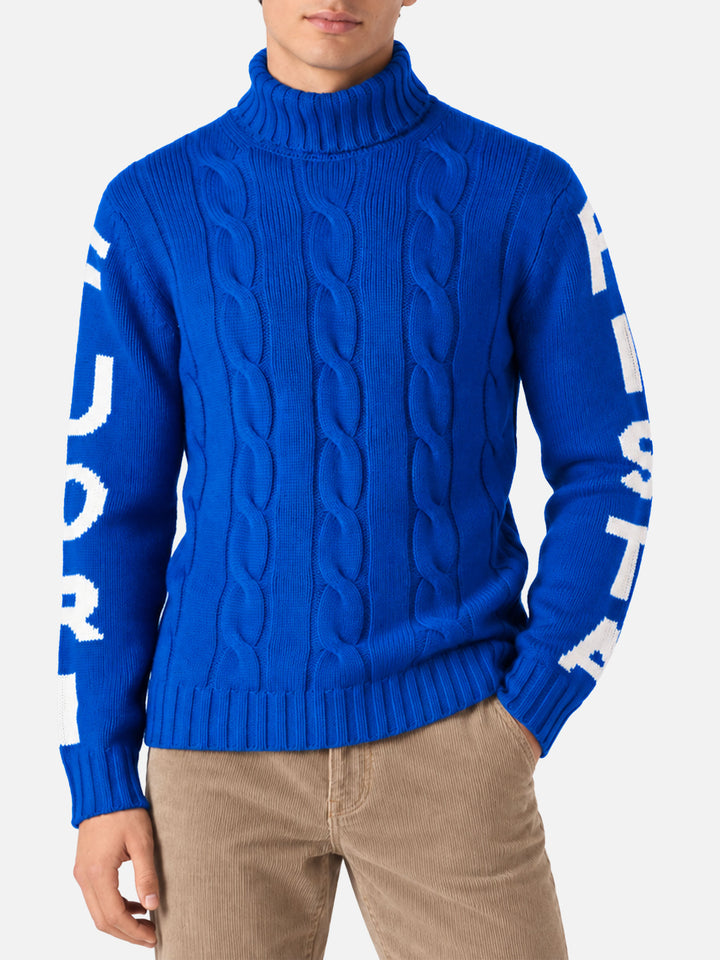 Fisherman cable-knit turtleneck sweater with Fuori pista jacquard blue