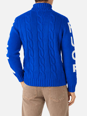 Rollkragenpullover im Fisherman-Zopfmuster mit Fuori pista-Jacquard in Blau 