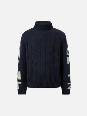 Navy blue cable-knit turtleneck Fisherman Jr sweater with Saint Moritz jacquard