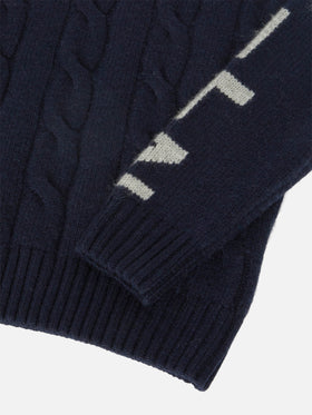 Navy blue cable-knit turtleneck Fisherman Jr sweater with Saint Moritz jacquard