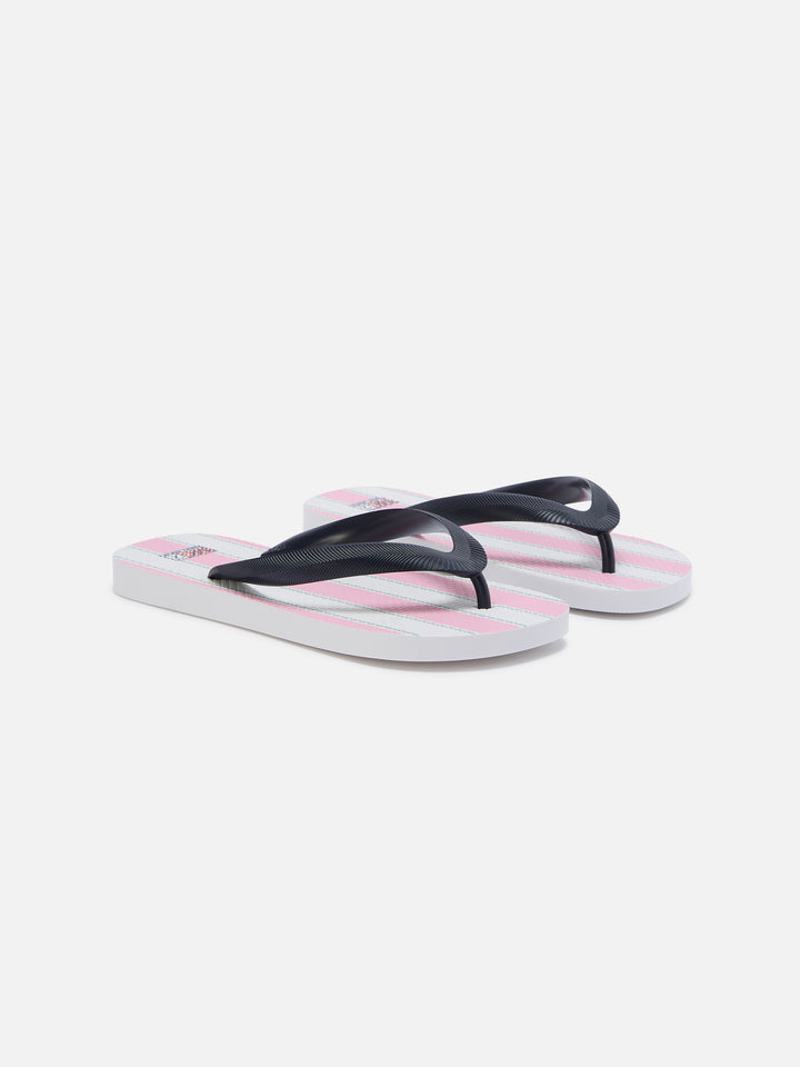 Flip rubber slip-on slides with pink and white stripes