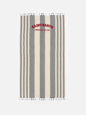 Leichtes Baumwoll-Strandtuch Fouta mit marineblauem Streifendruck und Stickerei