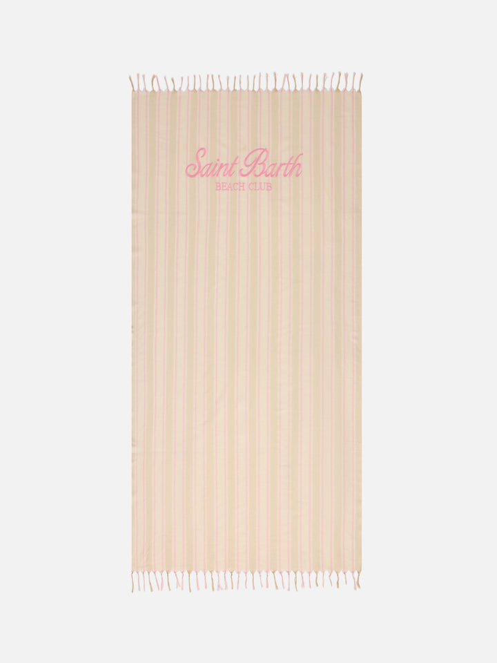 Foutas Lightbeach towel with beige and white stripes and embroidered logo