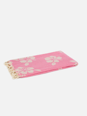 Foutas cotton Jaquard pink beach towel with hibiscus pattern