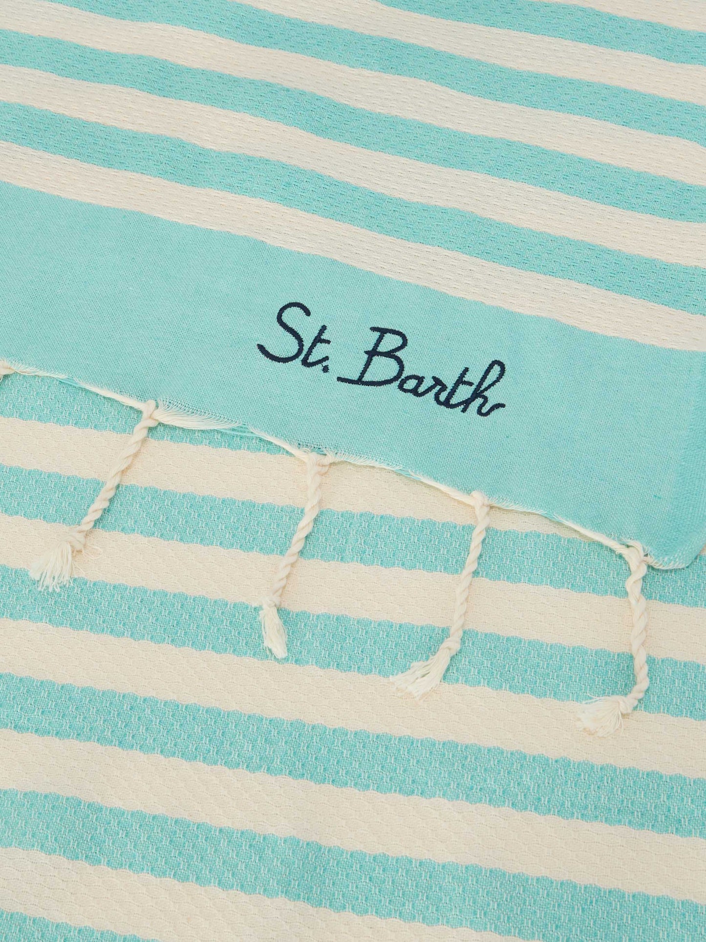 Foutas beach towel with aqua green and white stripes