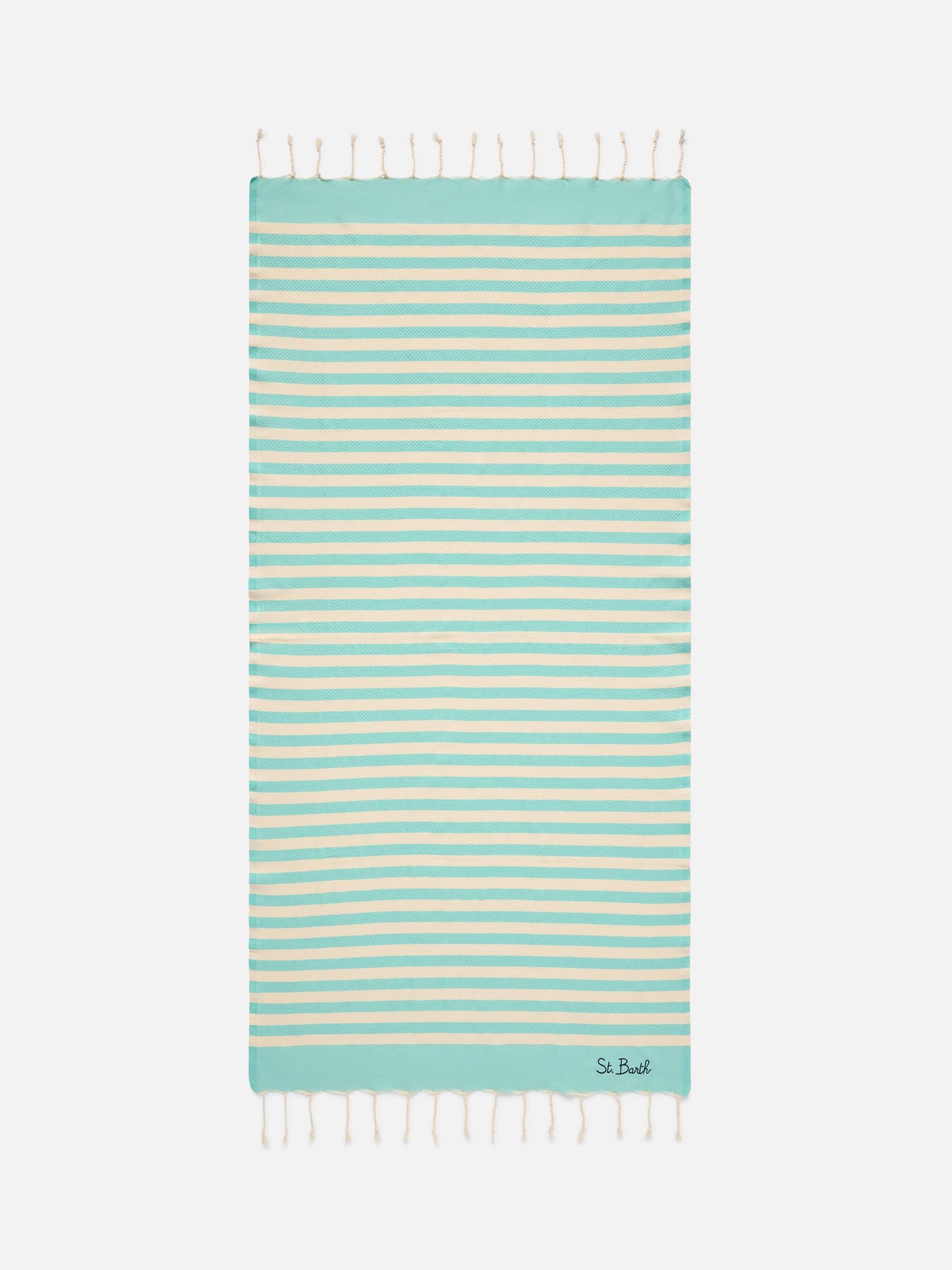 Toalla de playa fouta con rayas verde agua y blancas 