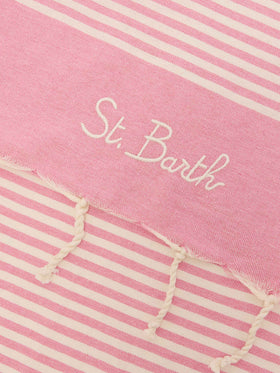 Serviette de plage fouta à fines rayures roses et blanches 