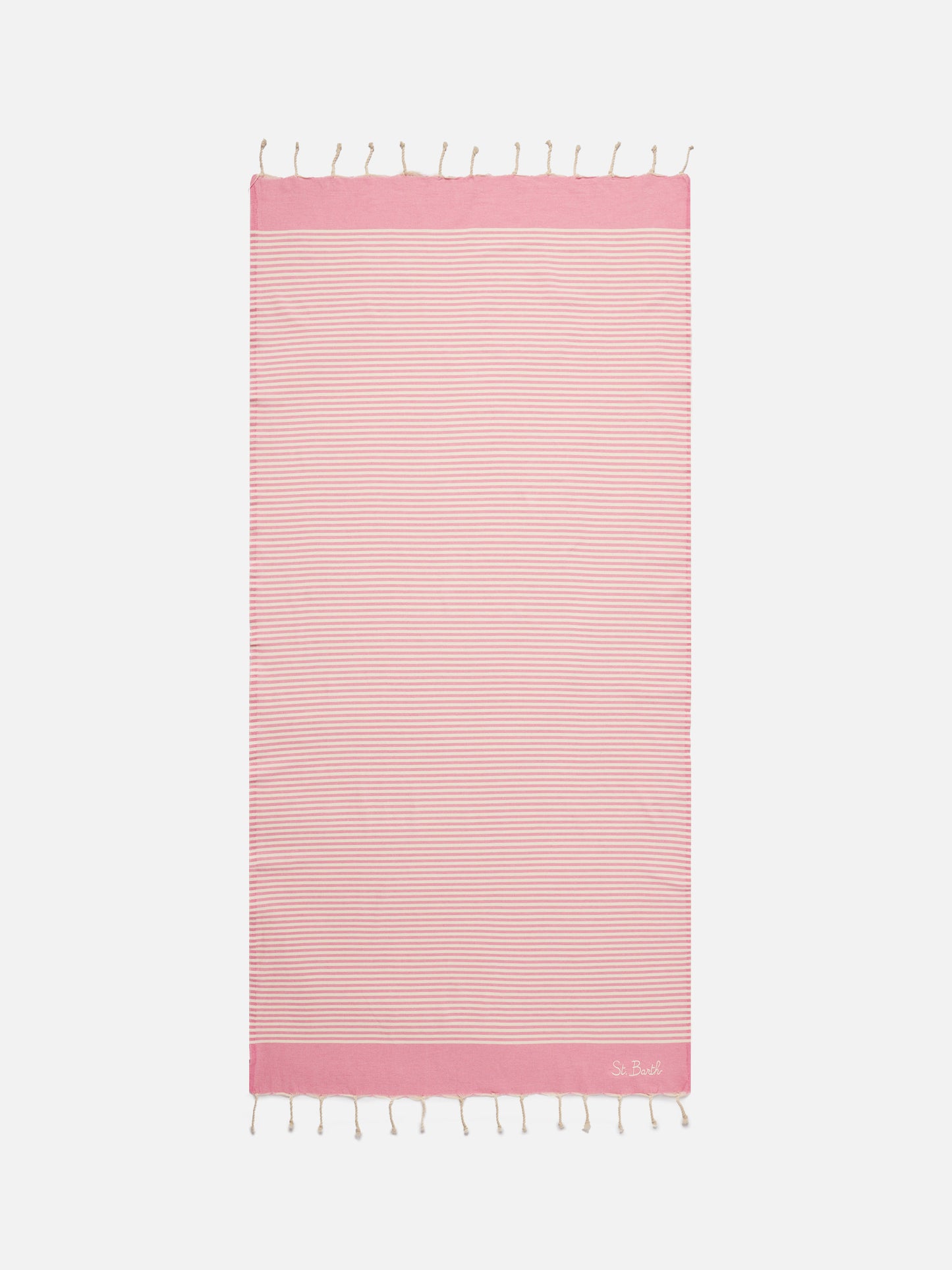 Serviette de plage fouta à fines rayures roses et blanches 